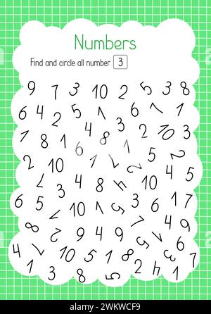 Suche und Kreise Nummer drei einfache pädagogische Aktivität für Kinder, Umriss handgezeichnete Vektorillustration, pädagogisches druckbares Arbeitsblatt, Lernkonzept für Freizeitaktivitäten, Lehrerressourcen Stock Vektor