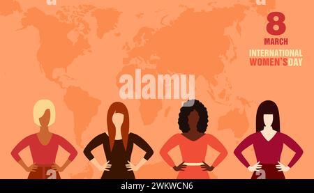 Frauen verschiedener Nationalitäten, Hauttöne und Haarfarben stehen zusammen mit einer Weltkarte im Hintergrund. Begrüßung zum internationalen Frauentag Stock Vektor