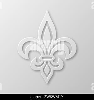 Vector Realistic Paper 3D Fleur De Lis Nahaufnahme auf weißem Hintergrund. Heraldisches Lily-Zeichen, Vektorbild Stock Vektor