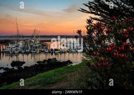 Pastellfarben des Sonnenuntergangs erfüllen den Himmel in Monterey's Breakwater Cove entlang des Monterey Bay Recreation Trail Stockfoto