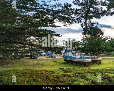 Alte Fischerboote ruhen im Monterey Boat Works, heute Teil der Hopkins Marine Station der Stanford University; Pacific Grove, Kalifornien Stockfoto