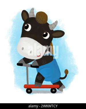 Zeichentrickszene mit Bauernhof Kuh Stier Büffel Junge Kind reitet auf Roller Transport Illustration für Kinder Stockfoto