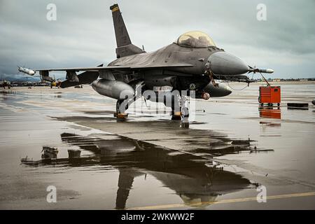 Ein F-16D Fighting Falcon, der der Shaw Air Force Base, S.C. zugewiesen ist, sitzt auf einer Alarmmission während der ÜBUNG BAMBUS EAGLE 24-1. Februar 2024 auf der March Air Reserve Base, Kalifornien. Bamboo Eagle ist eine Übung, die als Expeditionsflugplatz konzipiert wurde, in der sich alliierte Streitkräfte auf Agile Combat Employment Command and Control, Air Superiority und Joint war at Sea konzentrierten. (Foto der U.S. Air Force von Kekoa Santiago) Stockfoto