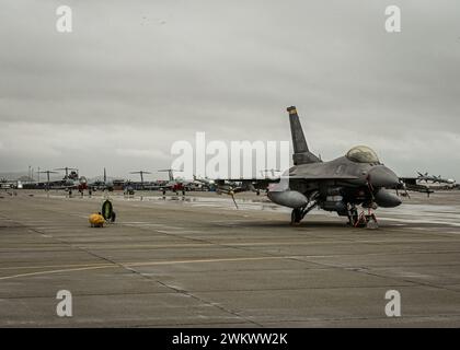 Eine F-16D Fighting Falcon, die der Shaw Air Force Base, S.C., der Royal Air Force Eurofighter Typhoon FGR4, der 6 (Fighter) Squadron, der RAF Lossiemouth, Großbritannien, zugewiesen ist, und zusätzliche Flugzeuge sitzen während der ÜBUNG BAMBUS EAGLE 24-1. Februar 2024 auf der March Air Reserve Base, Kalifornien. Bamboo Eagle ist eine Übung, die als Expeditionsflugplatz konzipiert wurde, in der sich alliierte Streitkräfte auf Agile Combat Employment Command and Control, Air Superiority und Joint war at Sea konzentrierten. (Foto der U.S. Air Force von Kekoa Santiago) Stockfoto