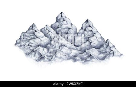 Aquarelldarstellung einer hohen Landschaft eines felsigen Gebirgszuges. Natürliches Element der Rocky Mountains isoliert auf weiß. Natürliches Element für Desigment Stockfoto