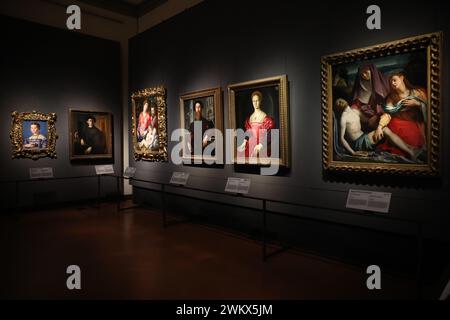 Florenz, Italien - 8. Februar 2024: Verschiedene berühmte Gemälde in den Uffizien Stockfoto