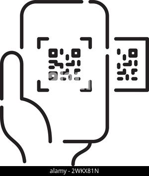 Hand hält das Smartphone, das einen qr-Code scannt. Pixelperfekter, bearbeitbarer Konturvektor Stock Vektor