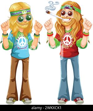 Zwei Cartoon-Hippies mit Friedenssymbolen und Sonnenbrille. Stock Vektor