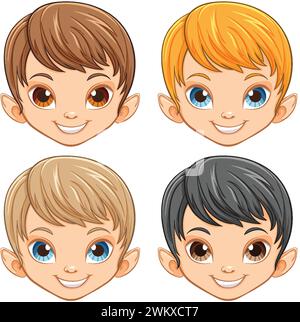 Vier Zeichentrickkinder mit verschiedenen Frisuren und Ausdrücken. Stock Vektor