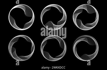 Set gepunktete und lineare Kreisrahmen überblenden. Schwarze und weiße Kollektion mit rundem Rand. Gekrümmte Wellenpunkte und Linien auf schwarzem Hintergrund. Rundes Paket mit technischem Rand. Vektordesign-Element-Bündel Stock Vektor