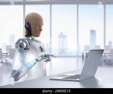 Automationsarbeiterkonzept mit 3d-Rendering ein Roboter arbeitet im Smart Office Stockfoto