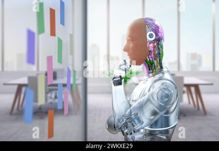 Automationsarbeiterkonzept mit 3d-Rendering ein Roboter arbeitet im Smart Office Stockfoto