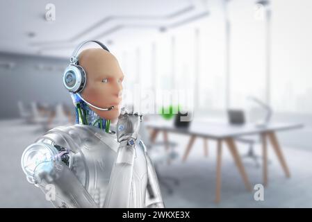 Automationsarbeiterkonzept mit 3d-Rendering ein Roboter arbeitet im Smart Office Stockfoto