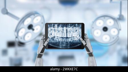 Medizintechnisches Konzept mit 3D-Rendering Ai-Roboter analysieren Röntgenzahntomographie Stockfoto