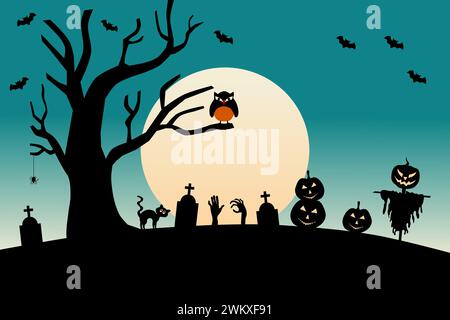 Halloween-Vollmond-Nacht Hintergrund, Eulen, Vogelscheuchen Kürbisse, Grabstein und Fledermäuse. Vektorabbildung. Stock Vektor