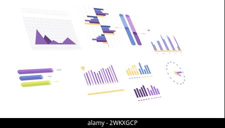 Bild von Statistiken, Diagrammen und Finanzdatenverarbeitung auf weißem Hintergrund Stockfoto