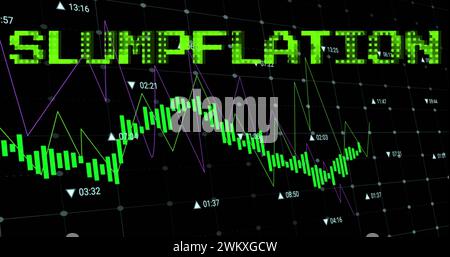 Abbildung des grünen Stagflationstextes über Diagramm und Verarbeitungsdaten Stockfoto