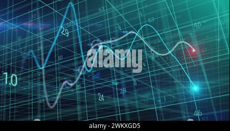 Bild von leuchtenden Diagrammen und Verarbeitungsdaten über 3D-Raster auf schwarzem Hintergrund Stockfoto