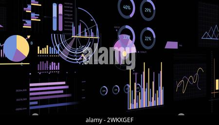 Bild von Statistiken, Diagrammen und Finanzdatenverarbeitung auf schwarzem Hintergrund Stockfoto