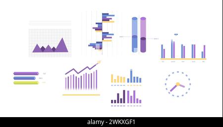 Bild von Statistiken, Diagrammen und Finanzdatenverarbeitung auf weißem Hintergrund Stockfoto