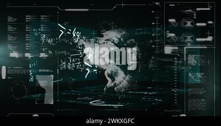 Abbildung von Diagrammen, Daten und Globus auf schwarzem Digitalbildschirm Stockfoto