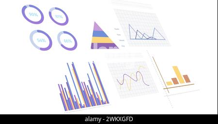 Bild von Statistiken, Diagrammen und Finanzdatenverarbeitung auf weißem Hintergrund Stockfoto