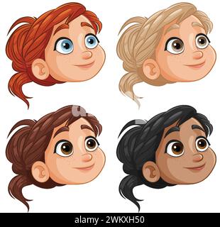 Vier weibliche Cartoon-Gesichter mit verschiedenen Frisuren und Ausdrücken. Stock Vektor