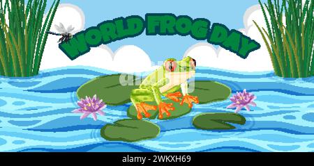 Farbenfroher Frosch auf Lilienpads mit Festtext Stock Vektor