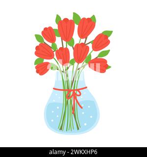 Blaue Vase mit Blumenstrauß aus roten Tulpen. Frühlingsblumen für den 8. März. Handgezeichnetes flaches Cartoonelement. Vektorabbildung Stock Vektor