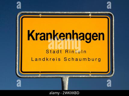 Stadtzeichen Krankenhagen, Ortsteil der Stadt Rinteln, Landkreis Schaumburg, Niedersachsen, Deutschland, Europa Stockfoto