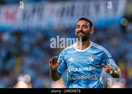 LIMA, PERU - 15. FEBRUAR: Martín Cauteruccio von Sporting Cristal feiert sein Tor während des Liga 1 Profesional Peru-Spiels zwischen Sporting Cristal und Sporting Cristal Stockfoto