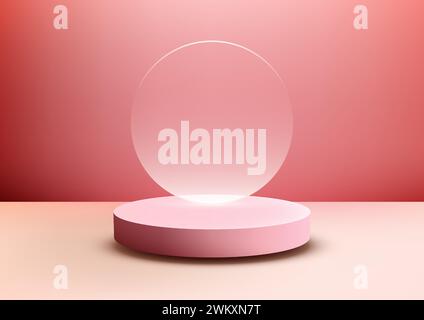 Rosafarbenes 3D-Podium mit klarem Glaskreis auf der Oberseite, auf rotem Hintergrund. Vektorabbildung Stock Vektor