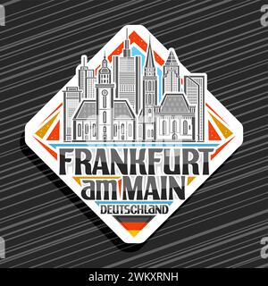 Vektorlogo für Frankfurt am Main, weißes Rautenschild mit Umrissdarstellung der europäischen frankfurter Stadtlandschaft, dekorativer Kühlschrankmagnet Stock Vektor