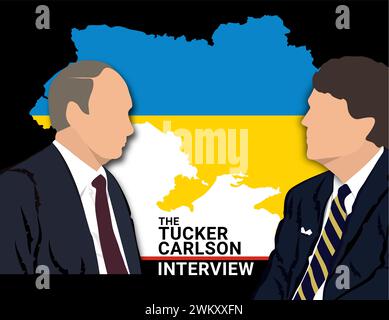 Russland. Moskau. Februar 2024. Der amerikanische Journalist Tucker Carlson interviewte den russischen Präsidenten Wladimir Putin in Moskau. Stockfoto