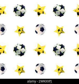Aquarellzeichnung mit Fußball-Muster. Nahtlose Sportausrüstung. Das pentagon-Zugteam mit gelbem Stern. Weißer Lederhintergrund Stockfoto