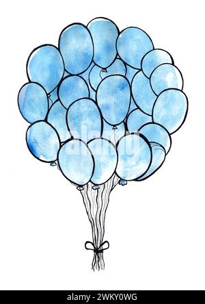 Ein Blumenstrauß aus Ballons. Blau mit schwarzem Umriss. Isoliert auf weißem Hintergrund. Sie sind mit einer Schleife von unten gebunden. Unschärfe für Wasserfarben. Geeignet für eine Babydusche. Das ist ein Junge. Party, Urlaub. Stockfoto