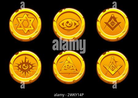 Goldene Münzen mit einem allsehenden Auge. Goldene Pyramide und alles sehendes Auge, Freimaurersymbol Stock Vektor
