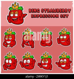 Maskottchenfigur Cartoon von King Strawberry Expression Set mit Krone. Vektorabbildungen. Stock Vektor