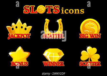 Klassische goldene Spielautomaten-Symbol-Kollektion. Casino-Ikonen streuen, großen Gewinn, Gewinner, Jackpot und Bonus Stock Vektor