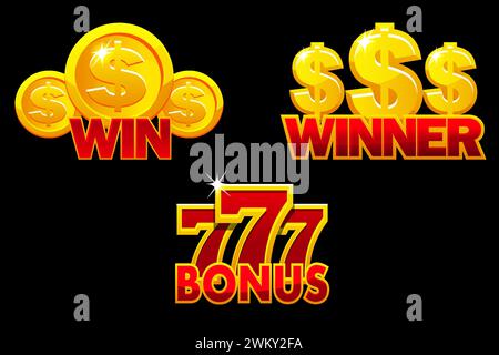 Klassische goldene Spielautomaten-Symbol-Kollektion. Casino-Symbole gewinnen, gewinnen und Bonus Stock Vektor