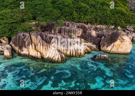 Luftaufnahme von Anse Source d'Argent, La Digue, Seychellen Stockfoto