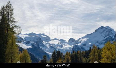 Morteratsch, Schweiz - 15. Oktober 2023: Panoramablick auf die höchsten Berninaberge Stockfoto