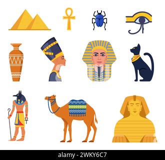 Sammlung des antiken Ägypten. Götter, Götter und mythologische Kreaturen aus der ägyptischen Mythologie und Religion, heilige Tiere, Symbole, Architektur und scu Stock Vektor