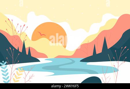 Flache Design-Illustration von Fluss Natur Blick mit Sonne im Sommer Stock Vektor