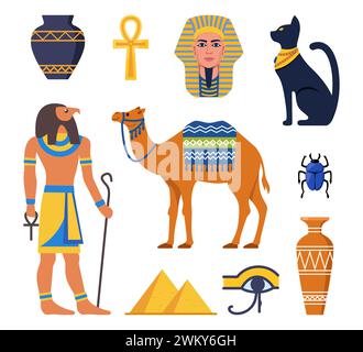 Sammlung des antiken Ägypten. Götter, Götter und mythologische Kreaturen aus der ägyptischen Mythologie und Religion, heilige Tiere, Symbole, Architektur und scu Stock Vektor