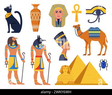 Sammlung des antiken Ägypten. Götter, Götter und mythologische Kreaturen aus der ägyptischen Mythologie und Religion, heilige Tiere, Symbole, Architektur und scu Stock Vektor