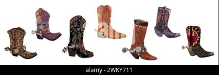 Set Cowboy-Stiefel mit Sporen-Vektor isoliert. Stock Vektor