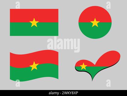 Flagge von Burkina Faso. Flagge von Burkina Faso in Herzform. Burkina Faso Flagge in Kreisform. Varianten der Landesflagge. Stock Vektor