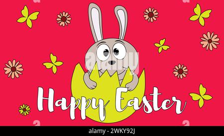 Frohe Ostern. Osterkarte. Osterhase in einer Eierschale. Osterillustration mit Kaninchen und Ei Stock Vektor