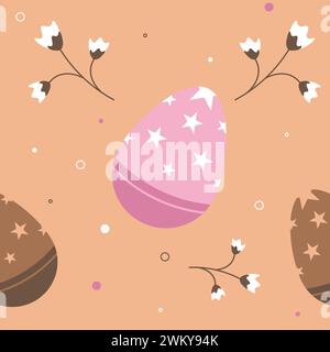 Nahtloses Ostermuster mit Eiern und Blumen auf beigefarbenem Hintergrund. Stock Vektor